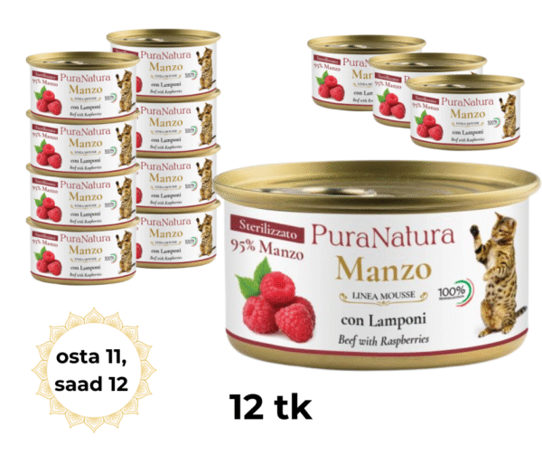PuraNatura Sterilised Cat Beef & Raspberries 85g, Loomaliha ja vaarikas, märgtoit täiskasvanud kassidele, 12 tk.