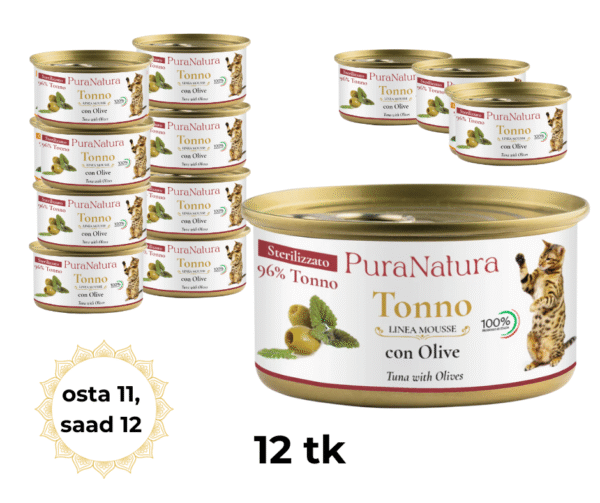 PuraNatura Sterilised Cat Tuna & Green Olives 85g, Tuunikala ja oliviid, märgtoit steriliseeritud kassidele, 12 tk.