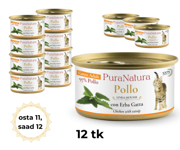 PuraNatura Cat Chicken & Catnip 85g, Kana ja naistenõges, märgtoit kassidele, 12 tk.