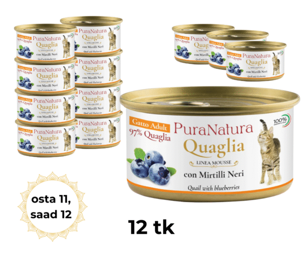 PuraNatura Cat Quail & Blueberries 85g, Vutt ja mustikas, märgtoit kassidele, 12 tk.